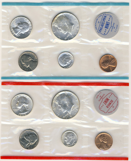 1964 P & D Silver Mint Set 10 Coins in Mint Packaging & Envelope